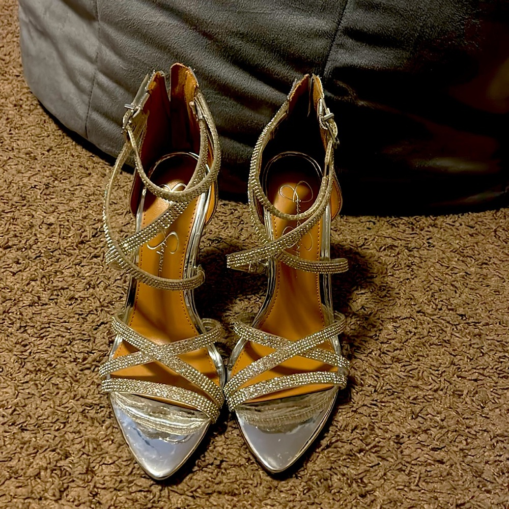 Blinged out Jessica Simpson silver heels